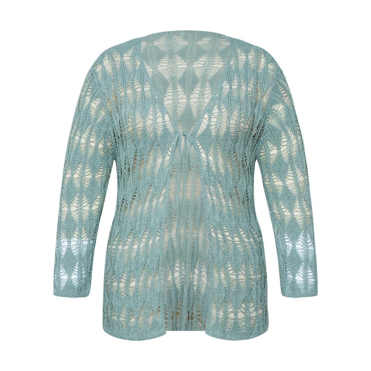 Plus Size Solid Tie Front Hollow Out Cardigan Stone Women Casual Loose Long Sleeve Everyday Cardigans BloomChic 12/L Product Image