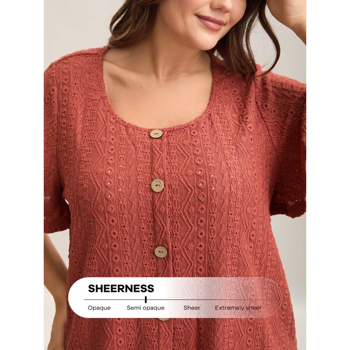 Plus Size Embroidered Button Detail Crew Neck Flutter Sleeve T-shirt Rust Women Elegant Texture Plain Round Neck Dailywear T-shirts BloomChic 18-20/2X Product Image