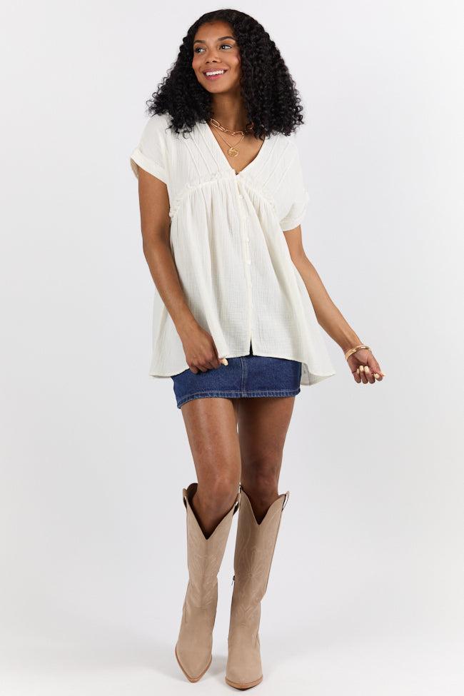 If I Knew Ivory Gauze Button Detail Short Sleeve Top FINAL SALE Product Image