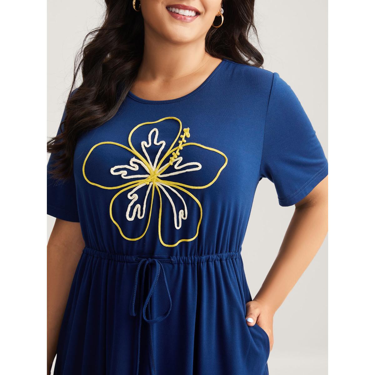 Plus Size Supersoft Cord Embroidered Drawstring Midi Dress DarkBlue Women Round Neck Short sleeve Curvy BloomChic 10/M Product Image