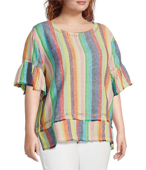 John Mark Plus Size Embroidered Yarn-Dye Stripe Crew Neck Short Ruffle Hi-Low Hem Top Product Image