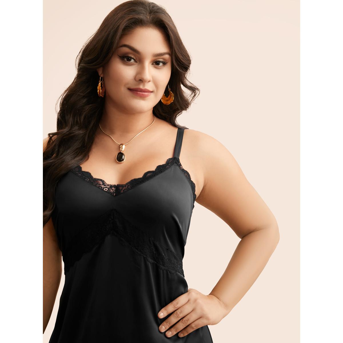 Plus Size Lace Panel Shirred Cami Dress Black Women Elegant Woven ribbon&lace trim V-neck Sleeveless Curvy BloomChic 22-24/3X Product Image