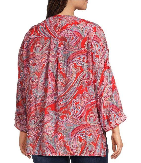 Calessa Plus Size Woven Embroidered Printed Split V-Neck Wrist Length Sleeve Tunic Product Image