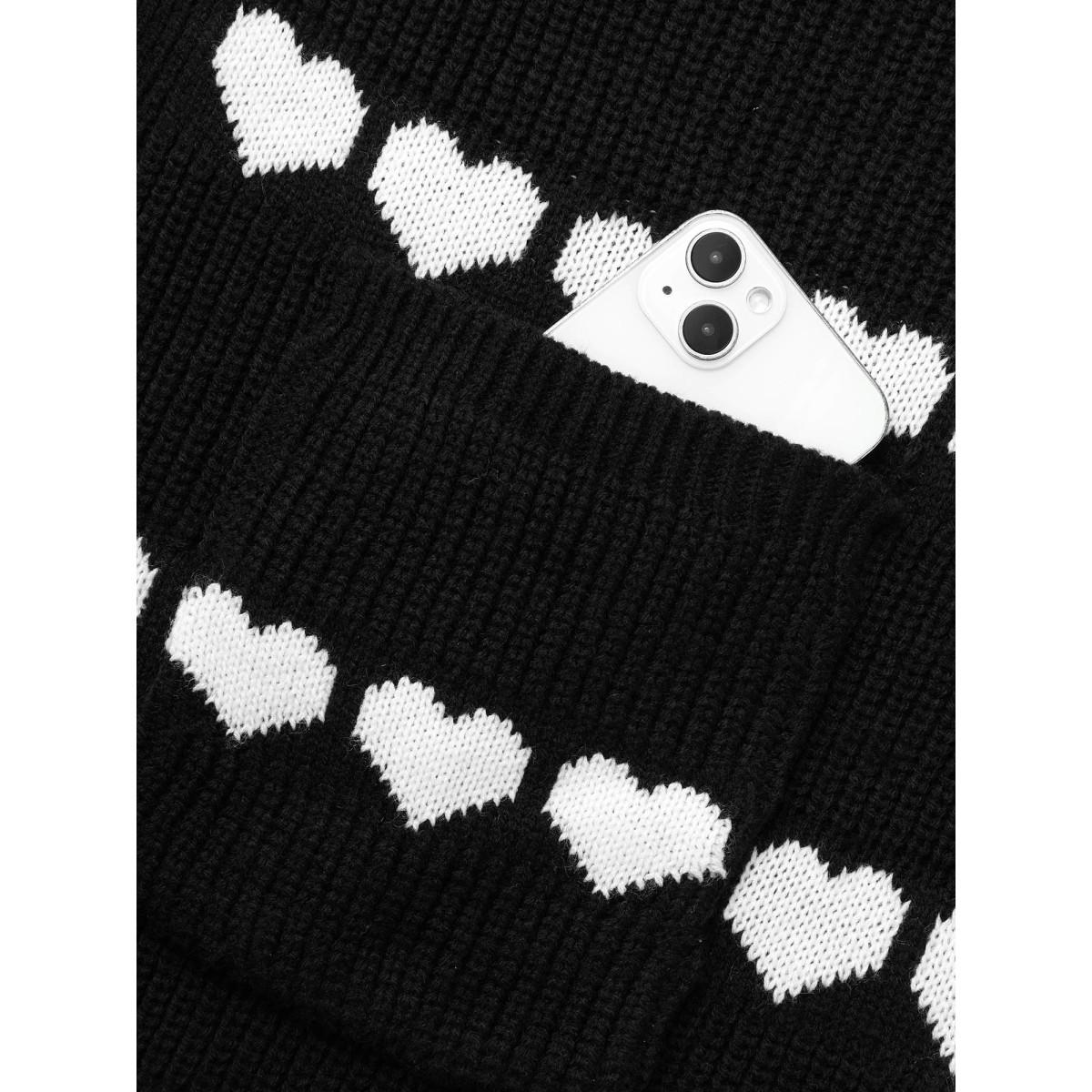 Plus Size Heart Pattern Jacquard Patch Pocket Cardigan Black Women Casual Loose Long Sleeve Everyday Cardigans BloomChic 18-20/2X Product Image