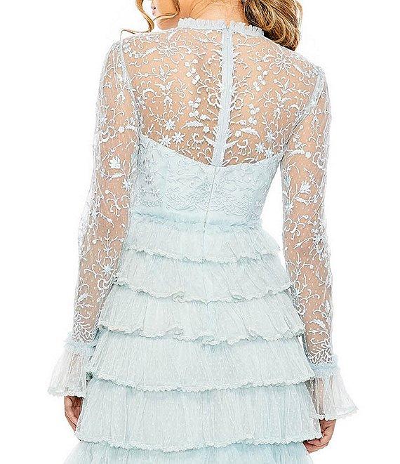 Mac Duggal Embroidered Crew Neck Long Sleeve Tiered Ruffled Hem Maxi Dress Product Image