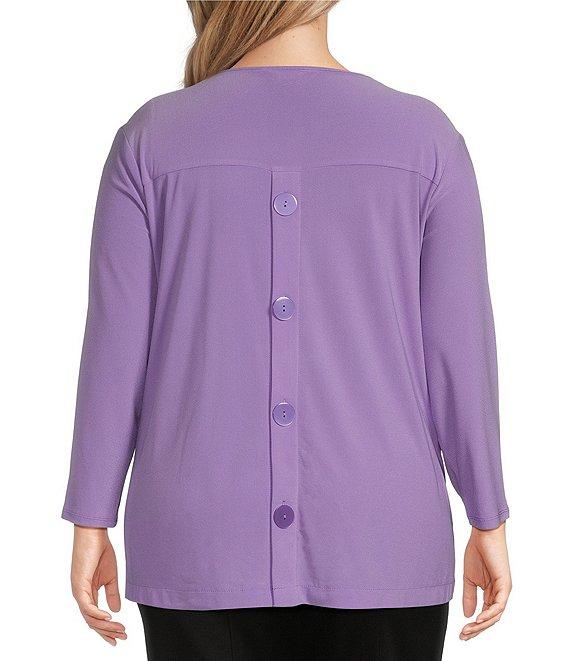 Slim Factor by Investments Plus Size Crew Neckline High-Low Hem Back Button Top Product Image
