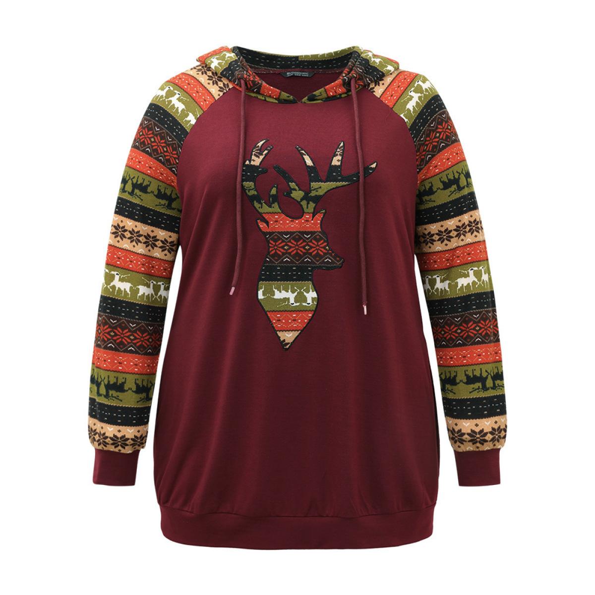 Plus Size Christmas Print Pocket Hooded Drawstring Sweatshirt Women Burgundy Casual Contrast Festival-Christmas Sweatshirts BloomChic 30/6X Product Image
