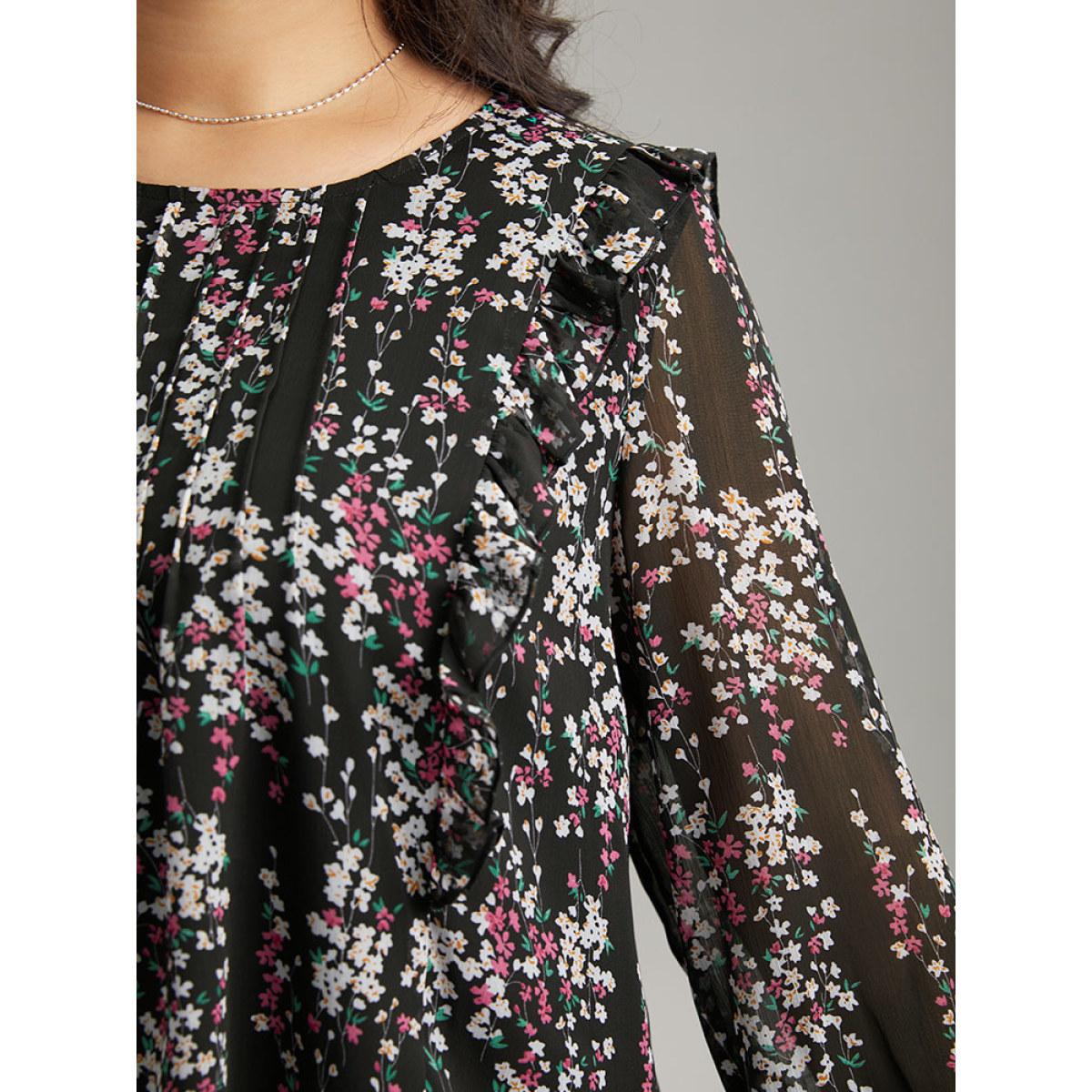 Plus Size Black Ditsy Floral Chiffon Ruffles Shirred Pleated Mesh Blouse Women Elegant Long Sleeve Round Neck Dailywear Blouses BloomChic 14-16/1X Product Image