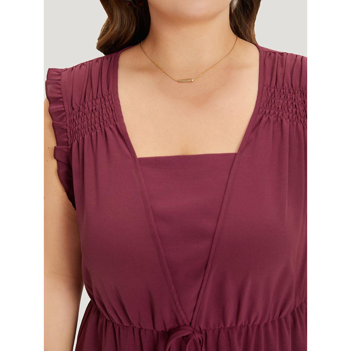 Plus Size Plain Frill Trim Gathered Ties Square Neck Tank Dress Burgundy Women Elegant Plain Square Neck Sleeveless Curvy Midi Dress BloomChic 12/L Product Image