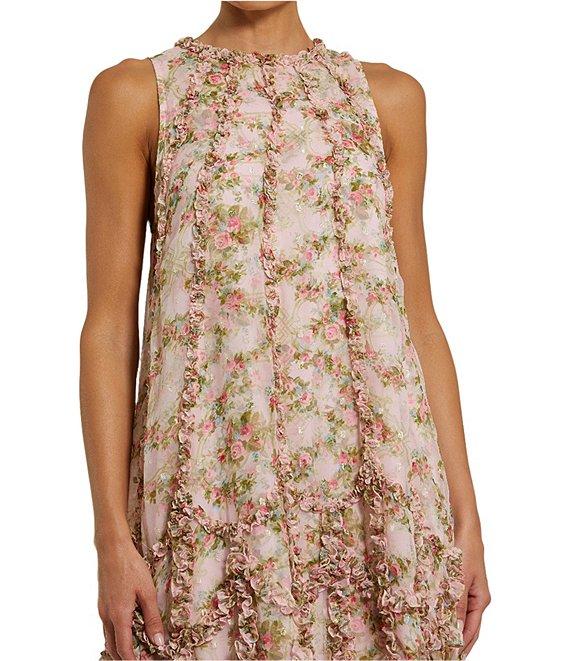 Mac Duggal Mock Neck Micro Ruffle Printed Chiffon Shift Midi Dress Product Image