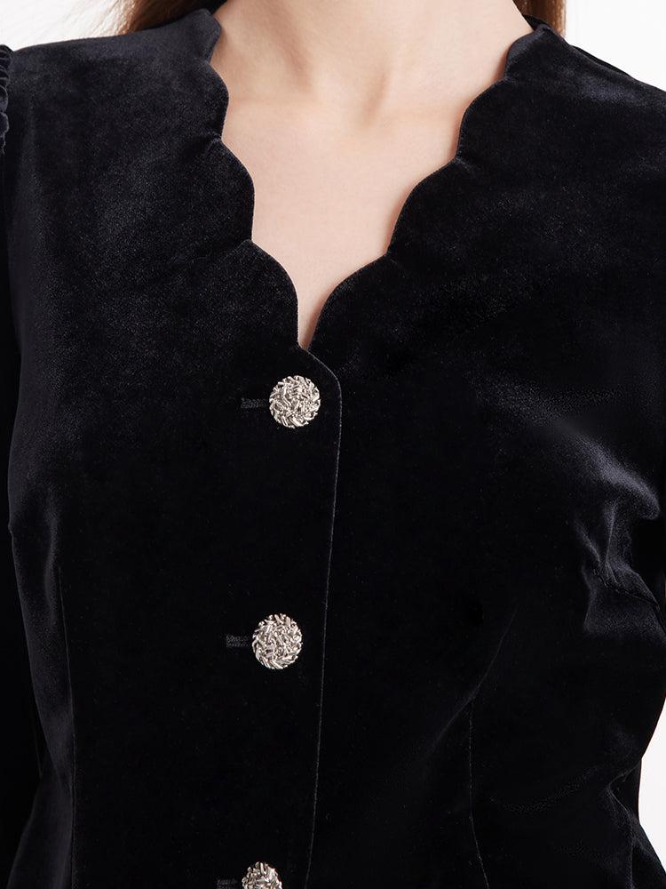 Wave Cut V-Neck Velvet Top And Tulle Skirt Two-Piece Set Product Image