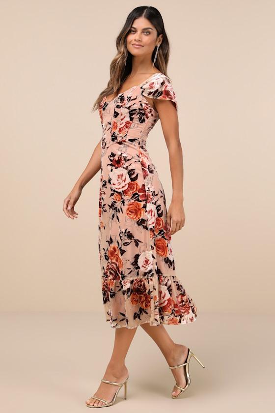 Composed Beauty Blush Pink Burnout Velvet Floral Midi Dress Product Image