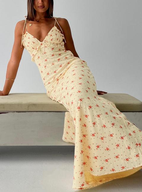Morcar Frill V Neck Maxi Dress Yellow Floral Product Image