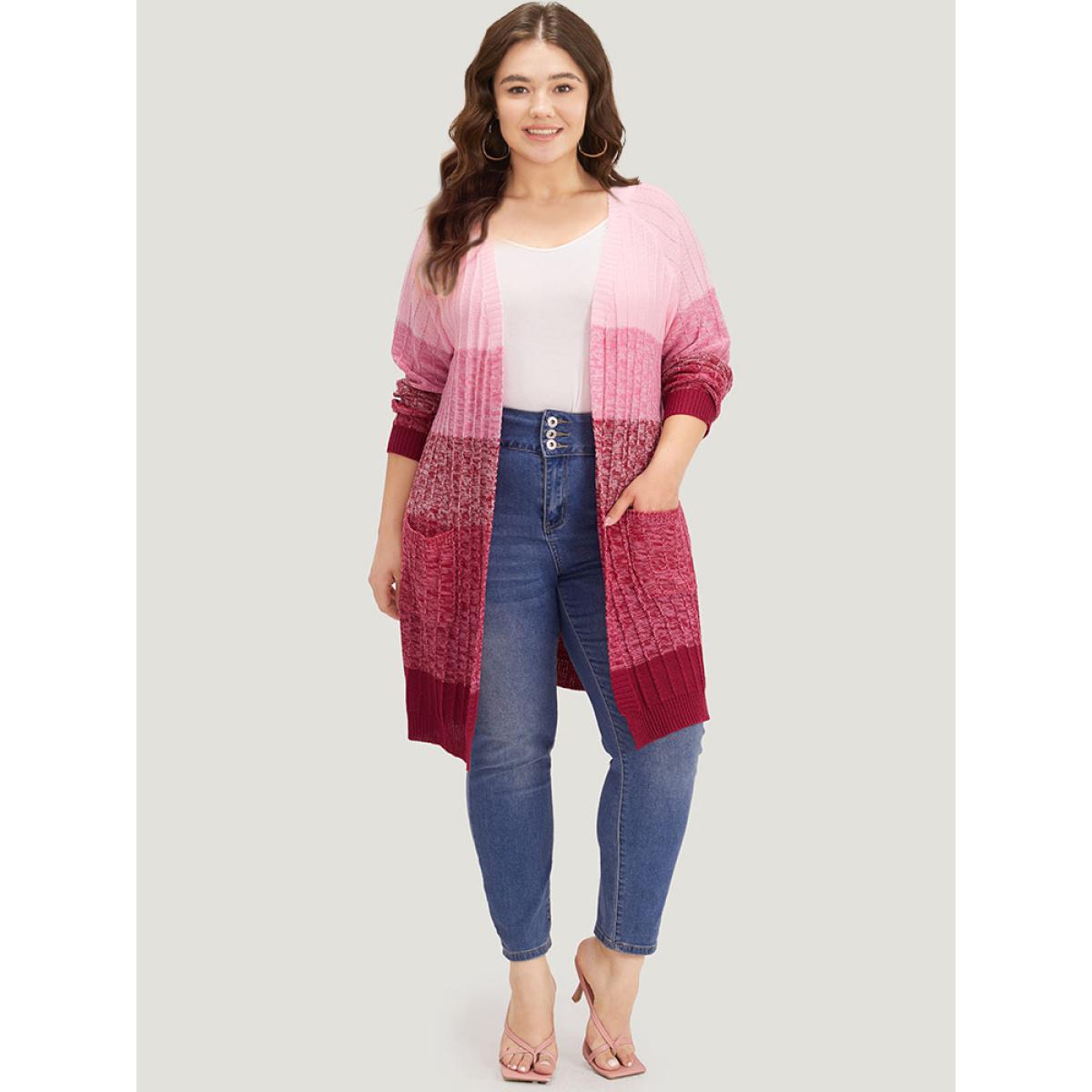 Plus Size Ombre Colorblock Patched Pocket Tunic Cardigan Watermelon Women Casual Loose Long Sleeve Dailywear Cardigans BloomChic 18-20/2X Product Image
