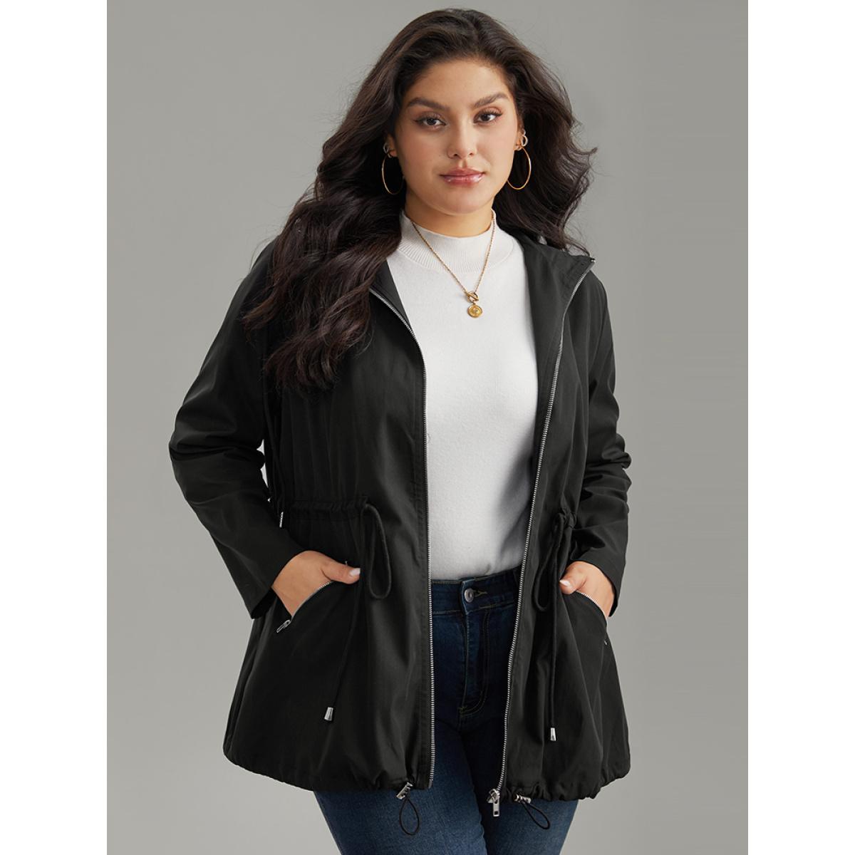 Plus Size Solid Hooded Drawstring Zipper Jacket Women Black Casual Plain Ladies Dailywear Winter Coats BloomChic 10/M Product Image