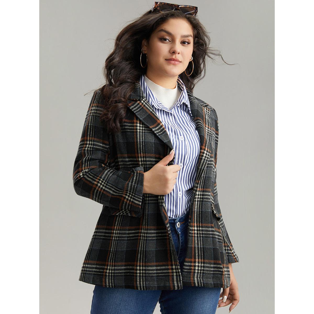 Plus Size Plaid Contrast Pocket Button Up Blazer Women Black Casual Contrast Ladies Dailywear Winter Coats BloomChic 18-20/2X Product Image