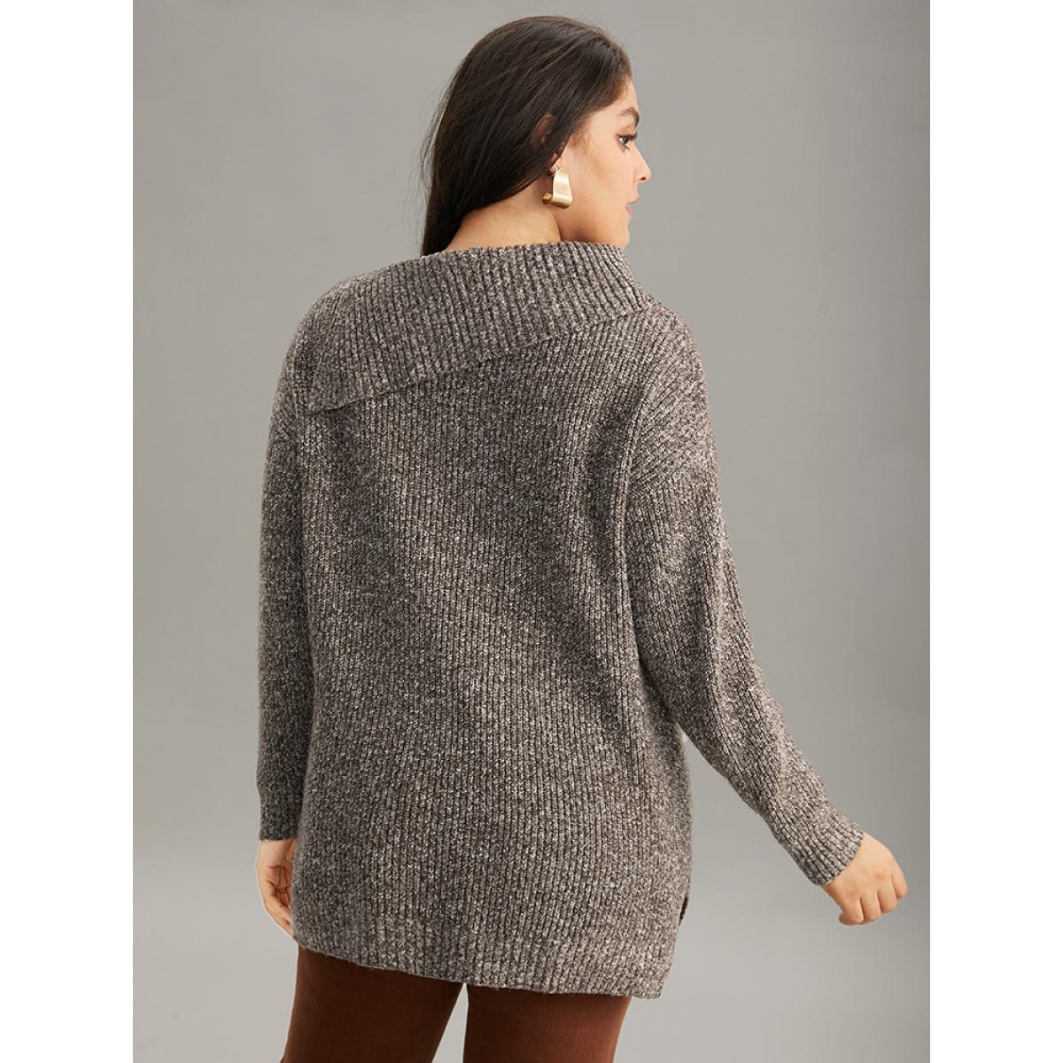 Plus Size Heather Split Hem Asymmetrical Button Detail Pullover DarkBrown Women Casual Loose Long Sleeve Asymmetrical Neck Dailywear Pullovers BloomChic 30/6X Product Image