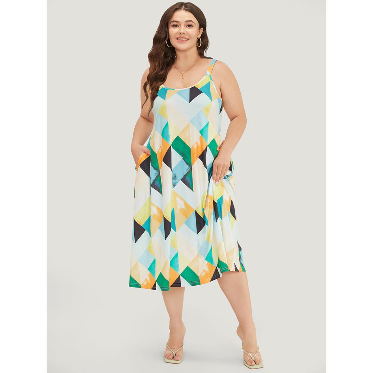 Plus Size Geometric Print Ruffles Pocket Spaghetti Strap Dress Multicolor Women Elegant Adjustable Straps Spaghetti Strap Sleeveless Curvy Midi Dress BloomChic 12/L Product Image