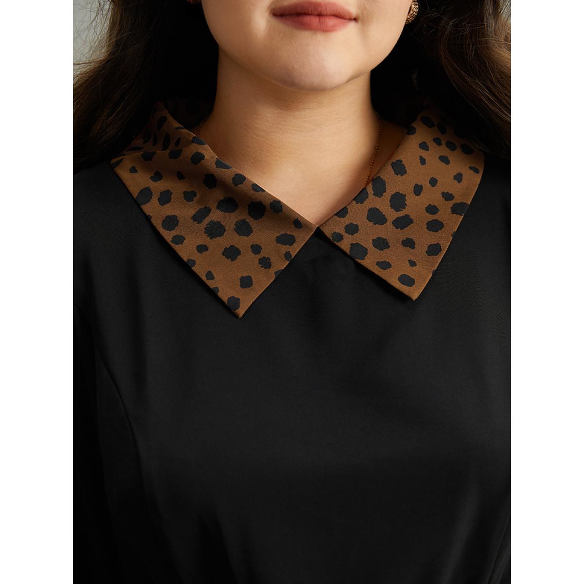 Plus Size Black Leopard Patchwork Elastic Waist Blouse Women Elegant Long Sleeve Lapel Collar Dailywear Blouses BloomChic 18-20/2X Product Image