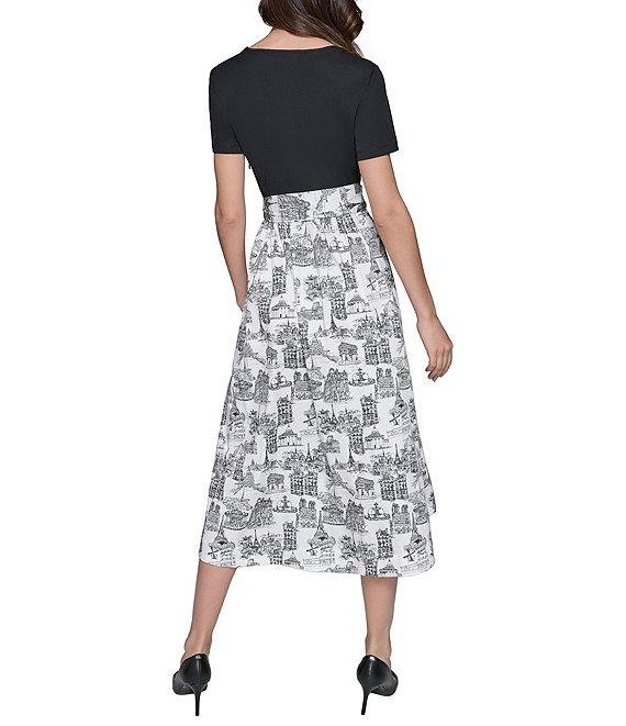 KARL LAGERFELD PARIS Mix Media Printed Square Neck Short Sleeve Waist Tie A-Line Midi Dress Product Image