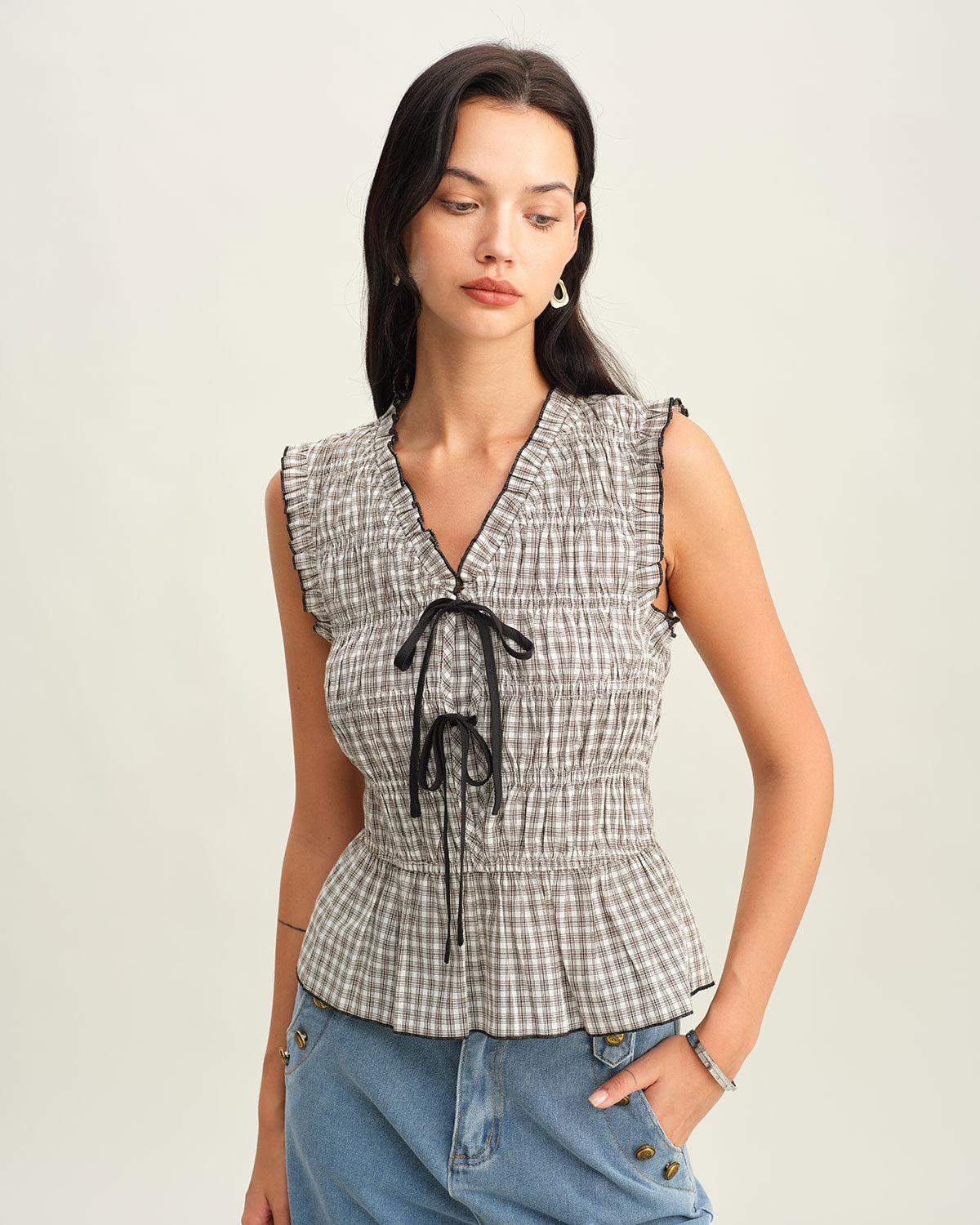 Black Plaid Bowknot Tank Top Product Image