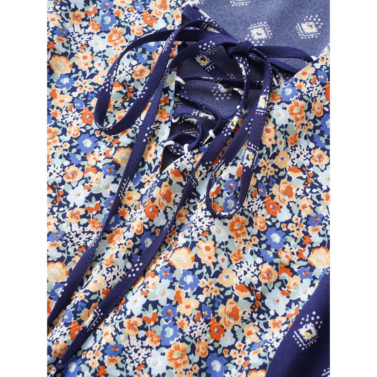 Plus Size Boho Print Ruffle Cap Sleeve Lace Up Dress DarkBlue Women Resort Non V-neck Cap Sleeve Curvy Midi Dress BloomChic 18-20/2X Product Image