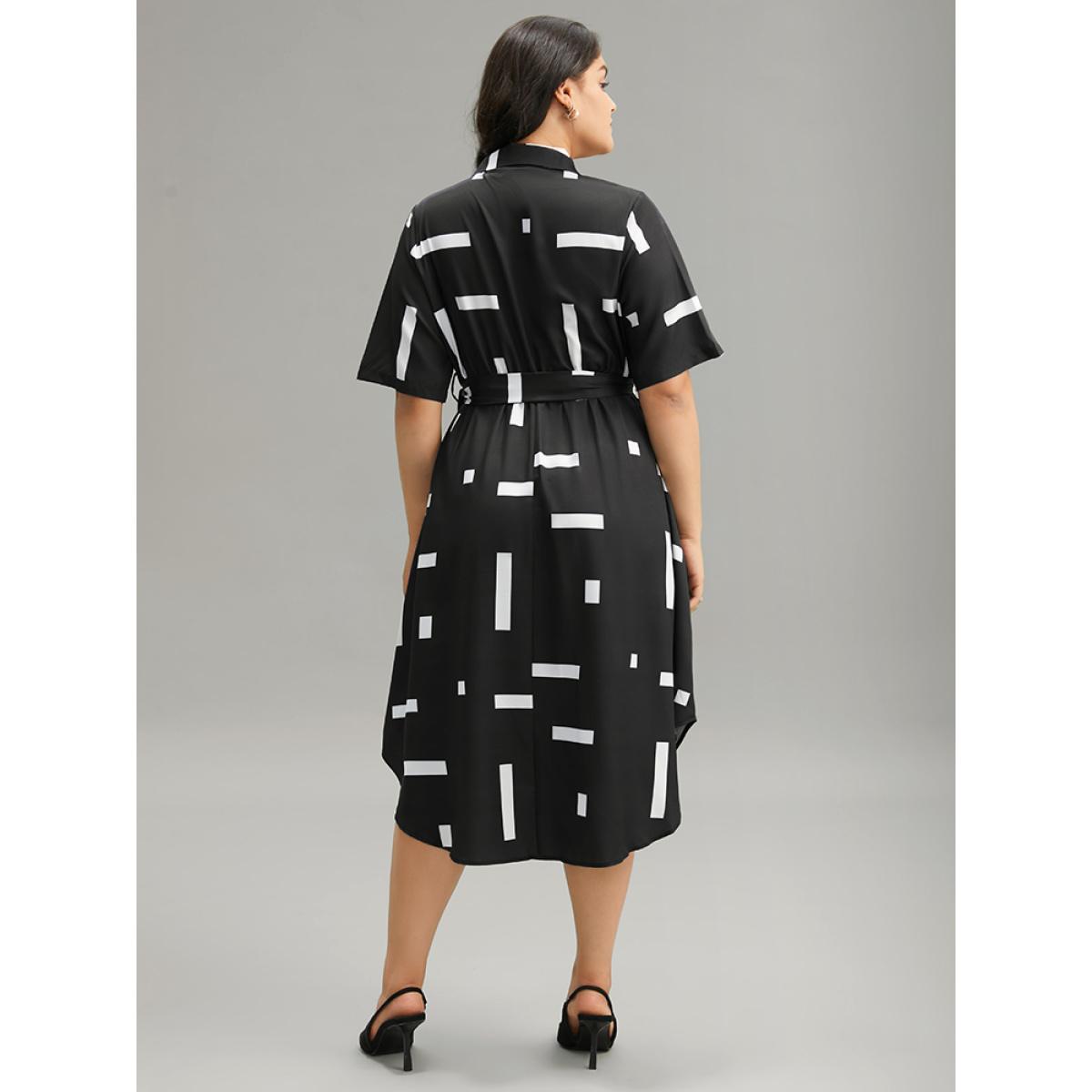 Plus Size Geometric Print Shirt Collar Button Up Belted Dress Black Women Office Belted Shirt collar Short sleeve Curvy Midi Dress BloomChic 30/6X Product Image