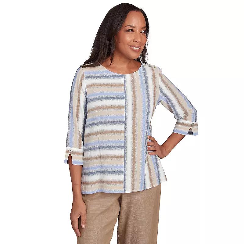 Petite Alfred Dunner Spliced Stripe Button Shoulder Top, Womens Product Image