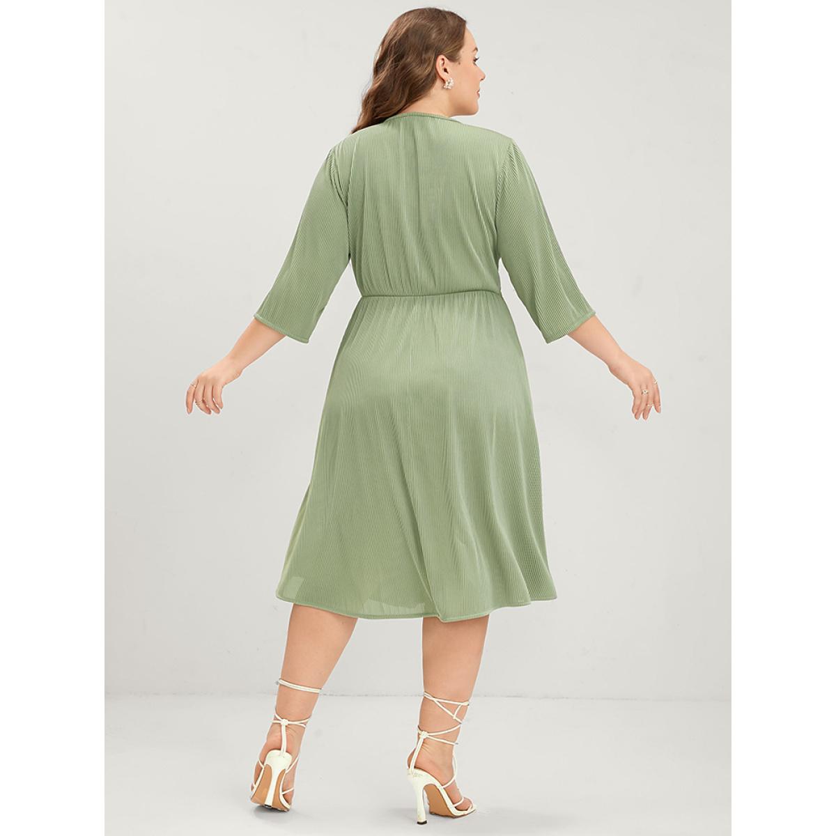 Plus Size Plain Button Detail Pocket Ruched Rib Knit Flutter Dress Moss Women Elegant Plain V-neck Long Sleeve Curvy Midi Dress BloomChic 12/L Product Image
