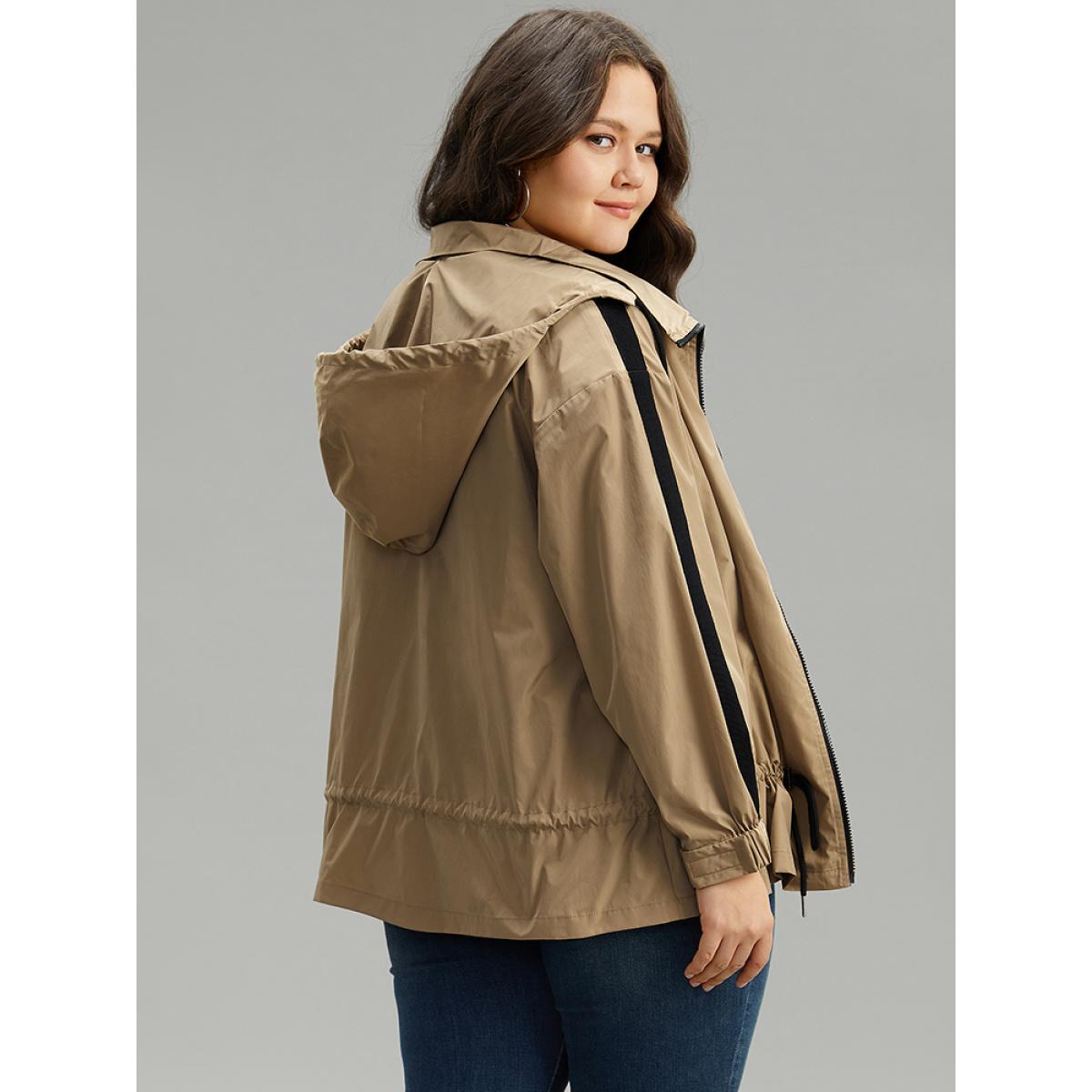 Plus Size Wind-Resistant Contrast Trim Drawstring Jacket Women Tan Elastic cuffs Pocket Dailywear Jackets BloomChic 28/5X Product Image