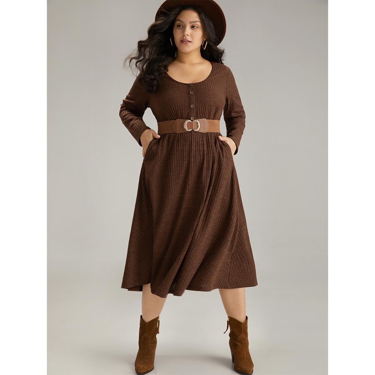 Plus Size Rib Knit Button Detail Gathered Dress DarkBrown Women Casual Texture Round Neck Long Sleeve Curvy Midi Dress BloomChic 12/L Product Image