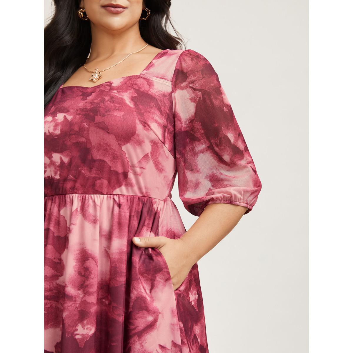 Plus Size Ombre Gradient Mesh Puff Sleeve Midi Dress RedViolet Women Elegant Heart neckline Elbow-length sleeve Curvy BloomChic 22-24/3X Product Image