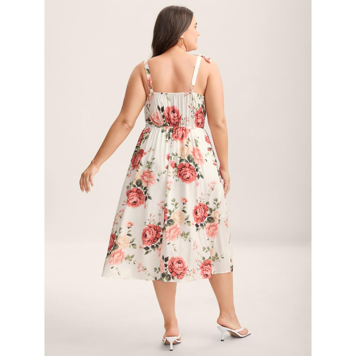 Plus Size Rosy Print Bow Strap Pockets Midi Dress Originalwhite Women Romantic Non Sleeveless Curvy BloomChic 22-24/3X Product Image