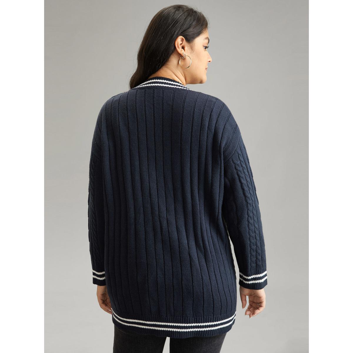 Plus Size Cable Knit Contrast Striped Button Through Cardigan Midnight Women Casual Loose Long Sleeve Dailywear Cardigans BloomChic 10/M Product Image