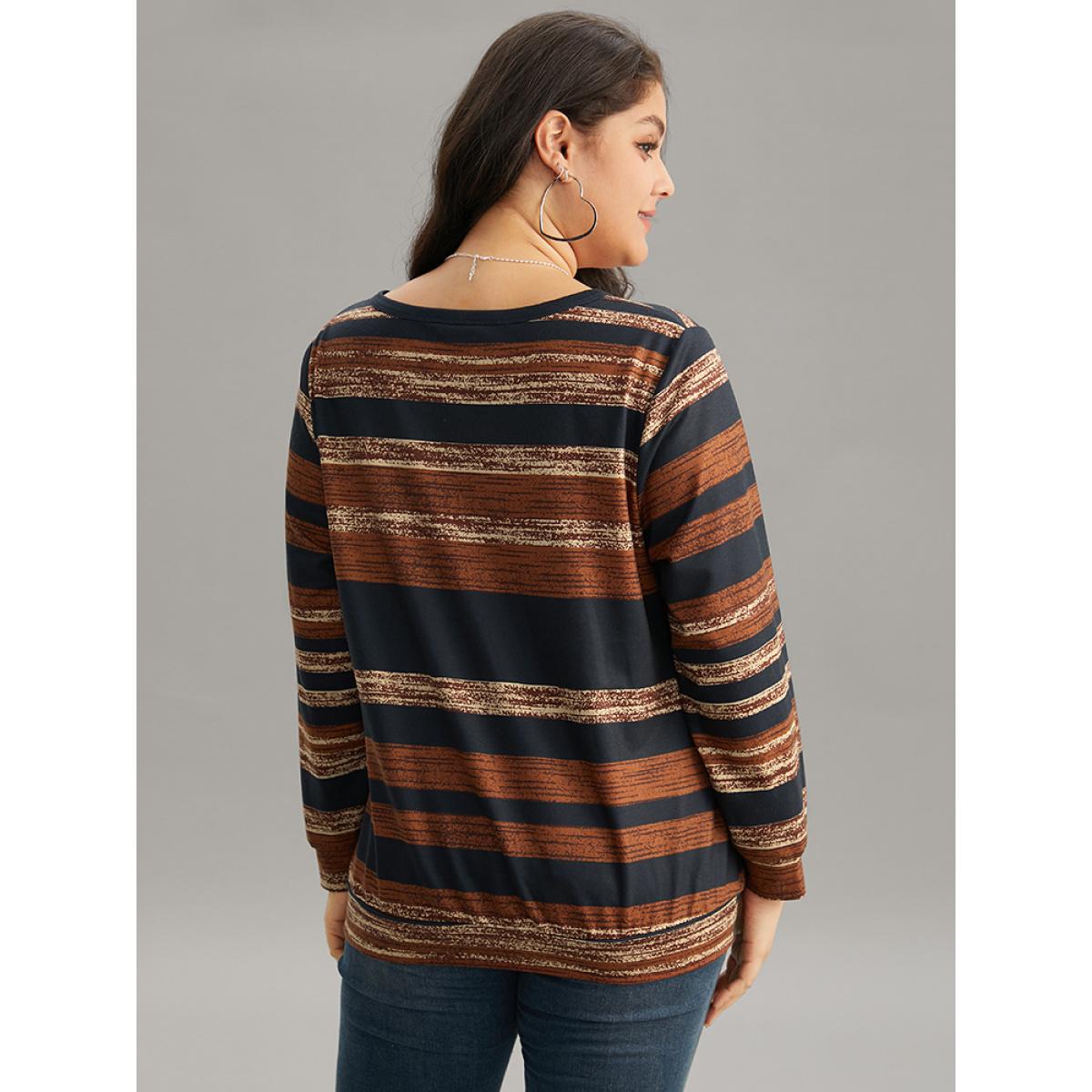 Plus Size Colour Striped Button Up Sweatshirt Women Multicolor Elegant Contrast V-neck Dailywear Sweatshirts BloomChic 30/6X Product Image