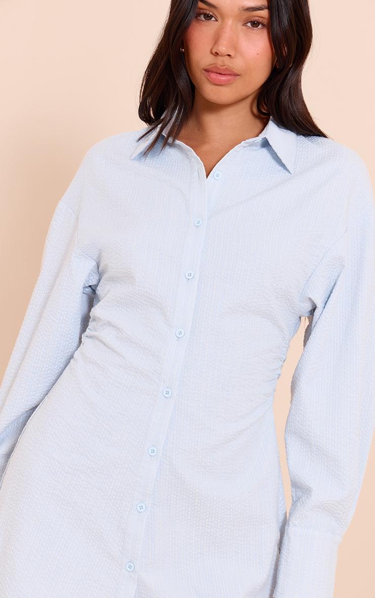 Blue Pinstripe Seersucker Cinched Waist Shirt Dress Product Image