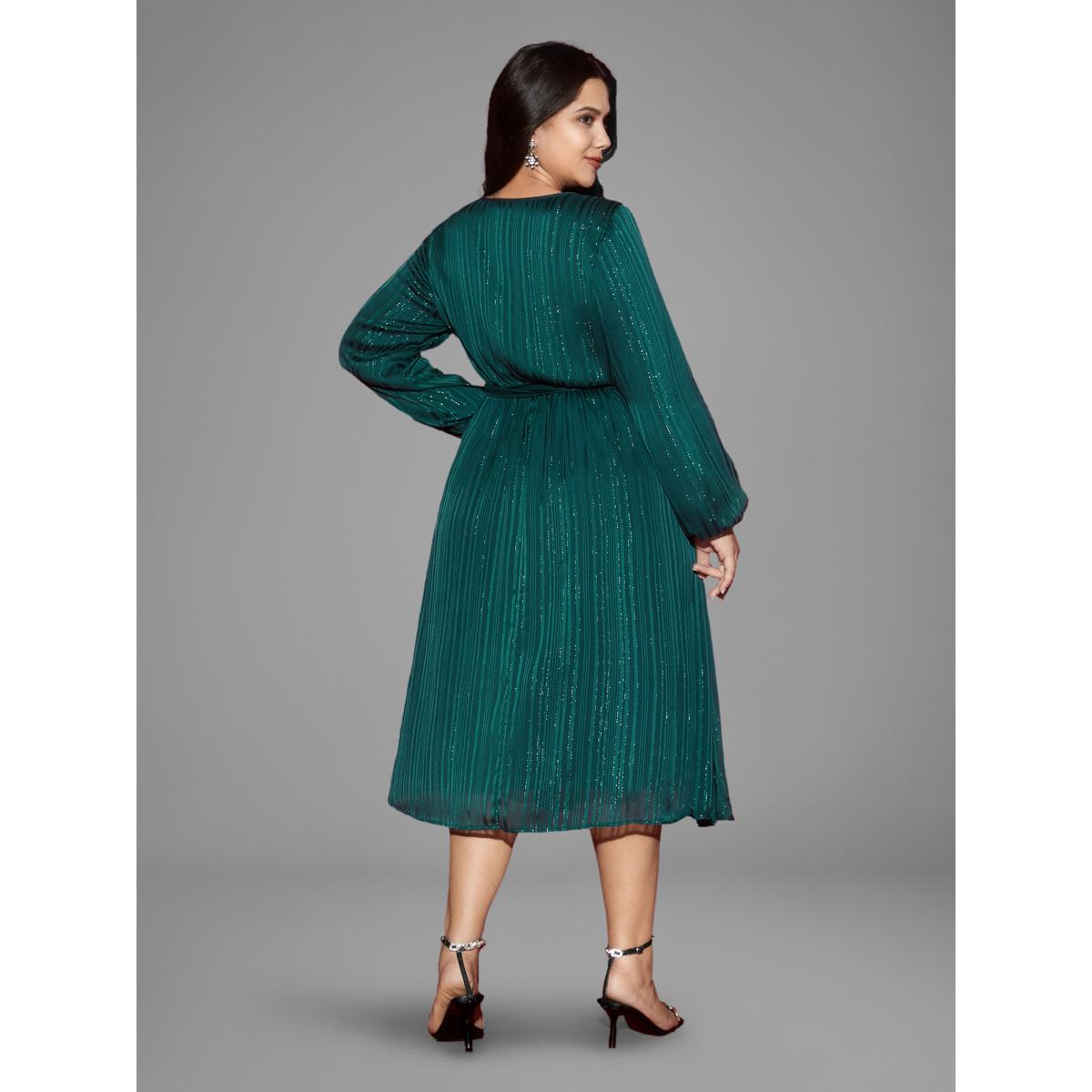 Plus Size Shimmery Silver Thread Waist-Tie Midi Dress Teal Women Cocktail Texture Round Neck Long Sleeve Curvy BloomChic 18-20/2X Product Image