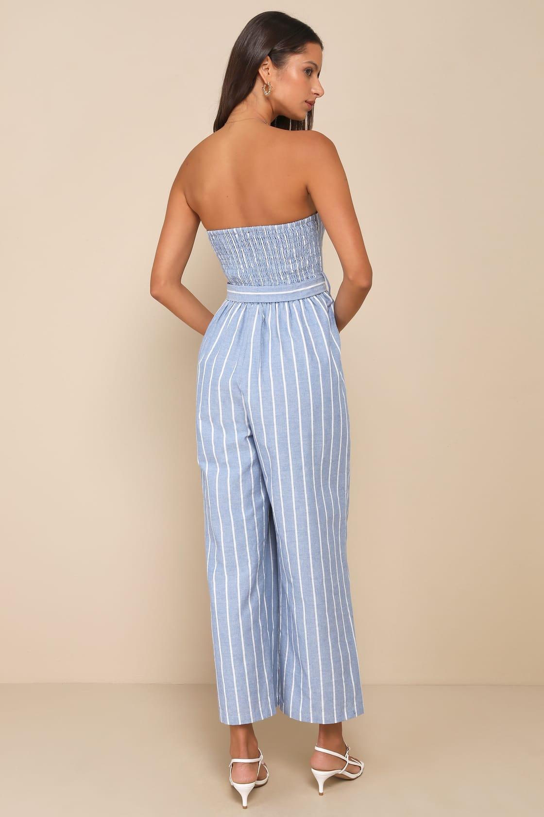Sunny Day Classic Blue and White Striped Strapless Jumpsuit Product Image