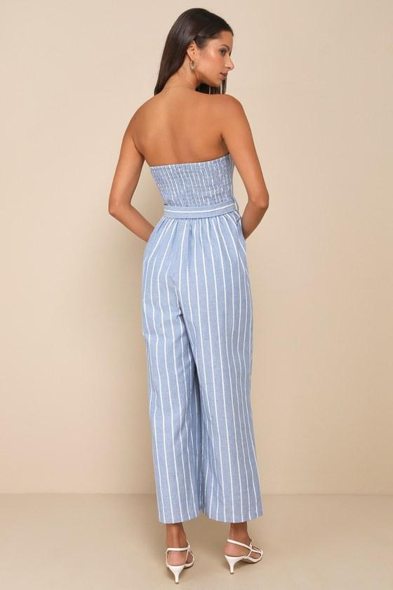 Sunny Day Classic Blue and White Striped Strapless Jumpsuit Product Image