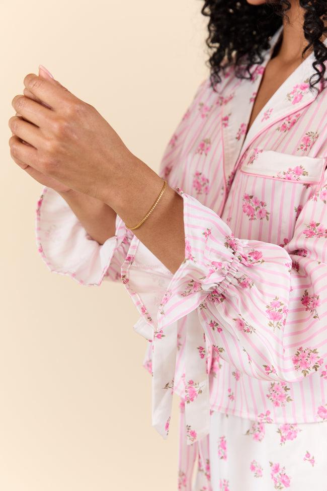 Sleep On My Side Pink Floral Satin Long Sleeve Pajama Top FINAL SALE Girls Product Image