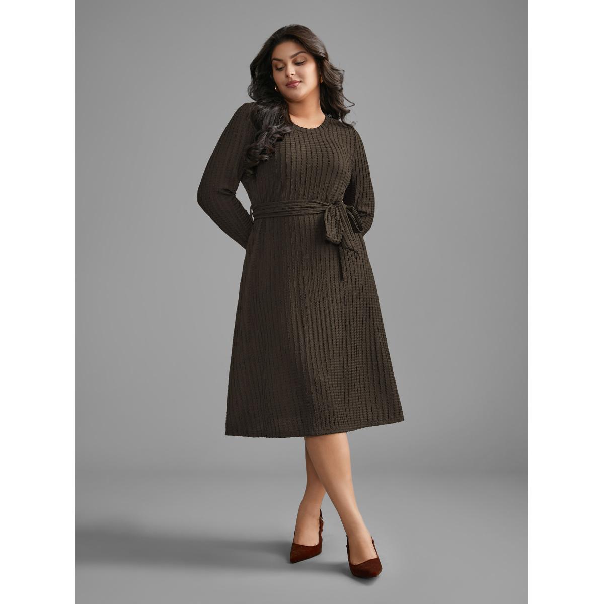 Plus Size Plain Textured Belted Knit Dress DarkBrown Women Casual Texture Knit Dresses Bloomchic 30/6X Product Image