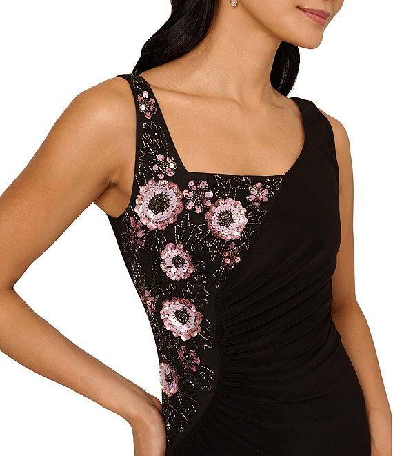 Adrianna Papell Asymmetrical Neck Sleeveless Floral Beading Side Ruched Jersey Column Gown Product Image