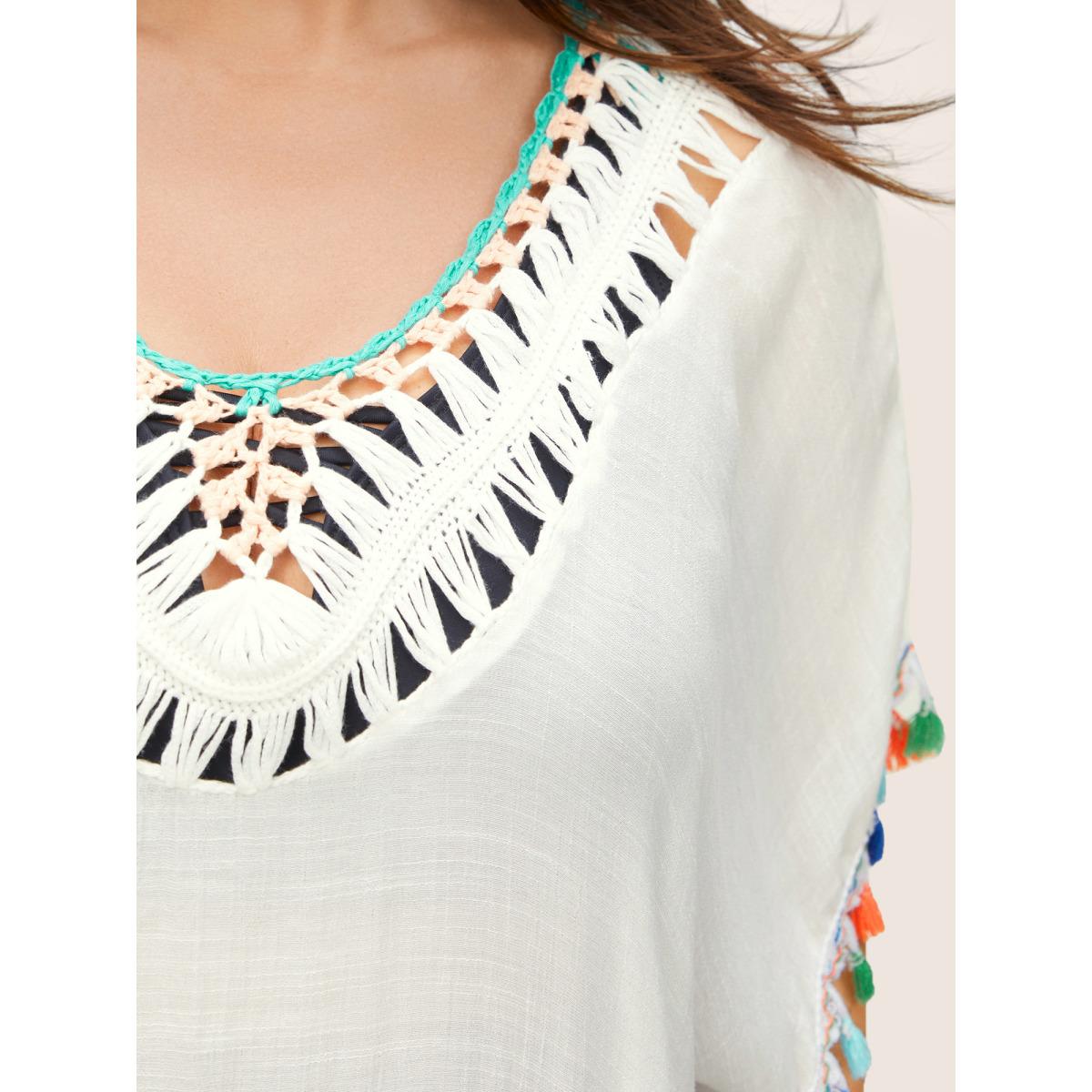 Plus Size Color Tassel Trim Batwing Sleeve Swim Cover Up Women's Swimwear White Beach Crochet Curve Swim Cover Ups BloomChic 12/L Product Image