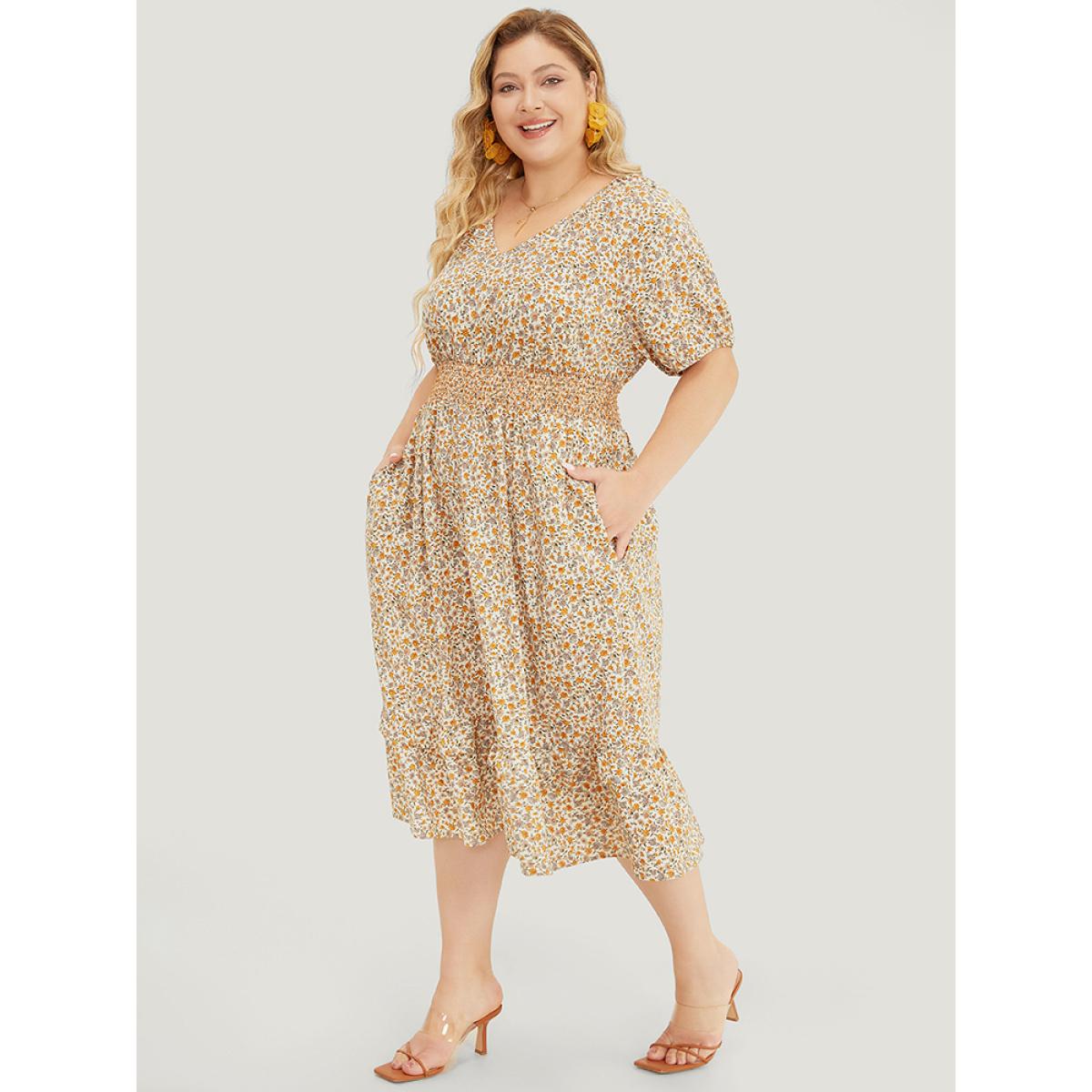 Plus Size Ditsy Floral Pocket Puff Sleeve Shirred Ruffle Trim Dress Apricot Women Elegant Gathered V-neck Short sleeve Curvy Midi Dress BloomChic 22-24/3X Product Image