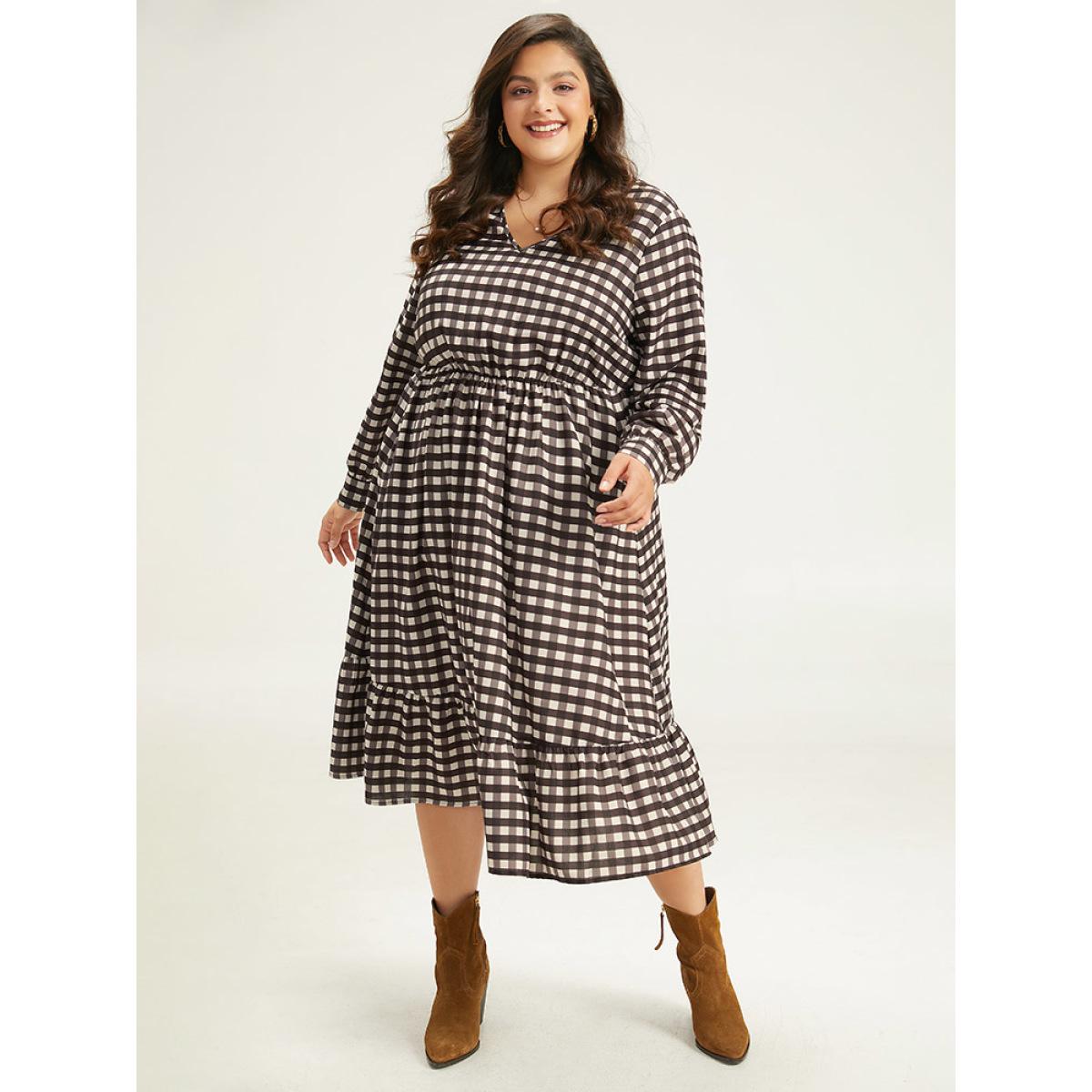Plus Size Gingham Pocket Elastic Waist Ruffle Hem Dress DarkBrown Women Casual Printed V-neck Long Sleeve Curvy Midi Dress BloomChic 18-20/2X Product Image