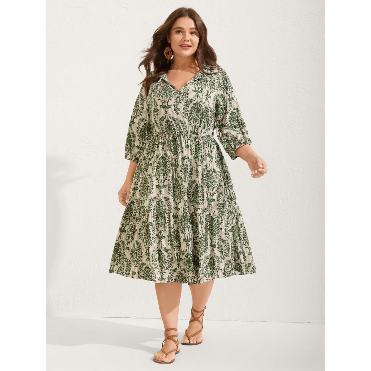 Plus Size Damask Print Tie Knot Puff Sleeve Dress Greenbean Women Resort Tie knot V-neck Elbow-length sleeve Curvy BloomChic 30/6X Product Image