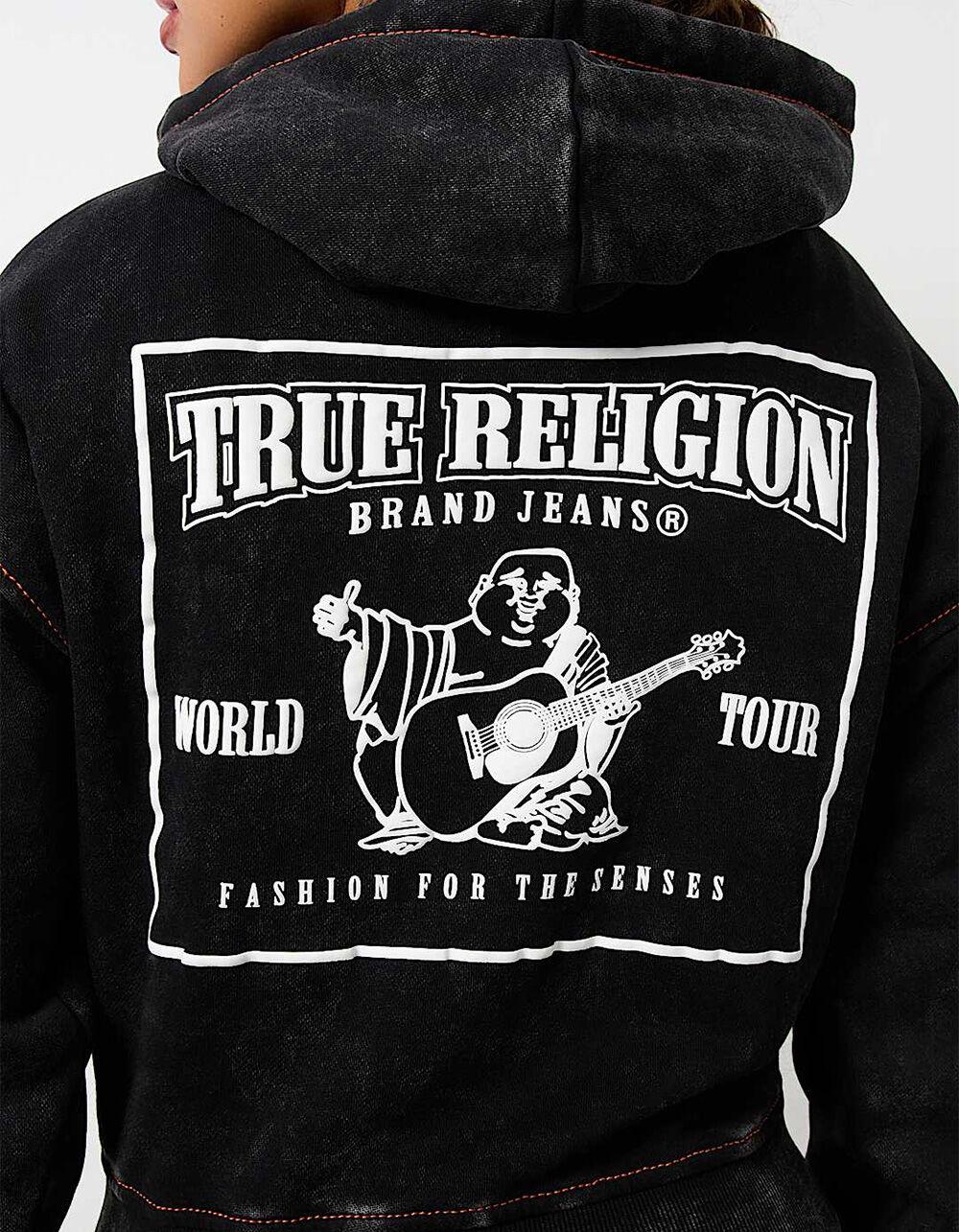 TRUE RELIGION Vintage Wash Logo Womens Crop Hoodie - BLACK Product Image