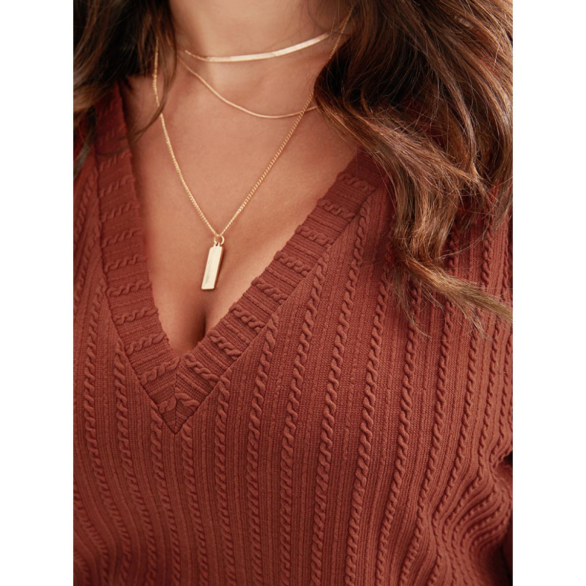 Plus Size Solid Rib Knit Long Tee Rust Women Elegant Plain Plain V-neck Dailywear T-shirts BloomChic 14-16/1X Product Image