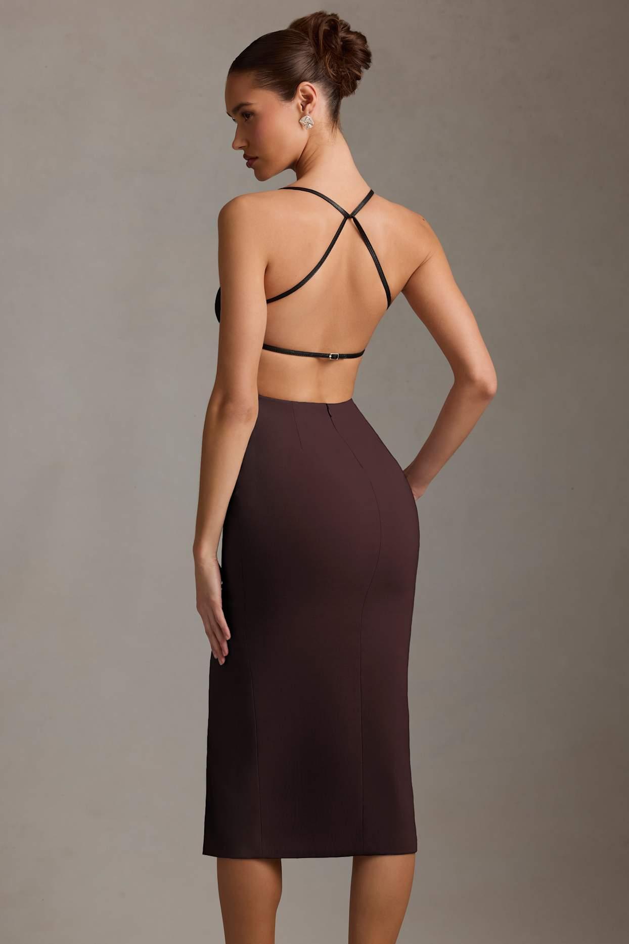 Plunge-Neck Backless Midaxi Dress in Chocolate Brown Product Image