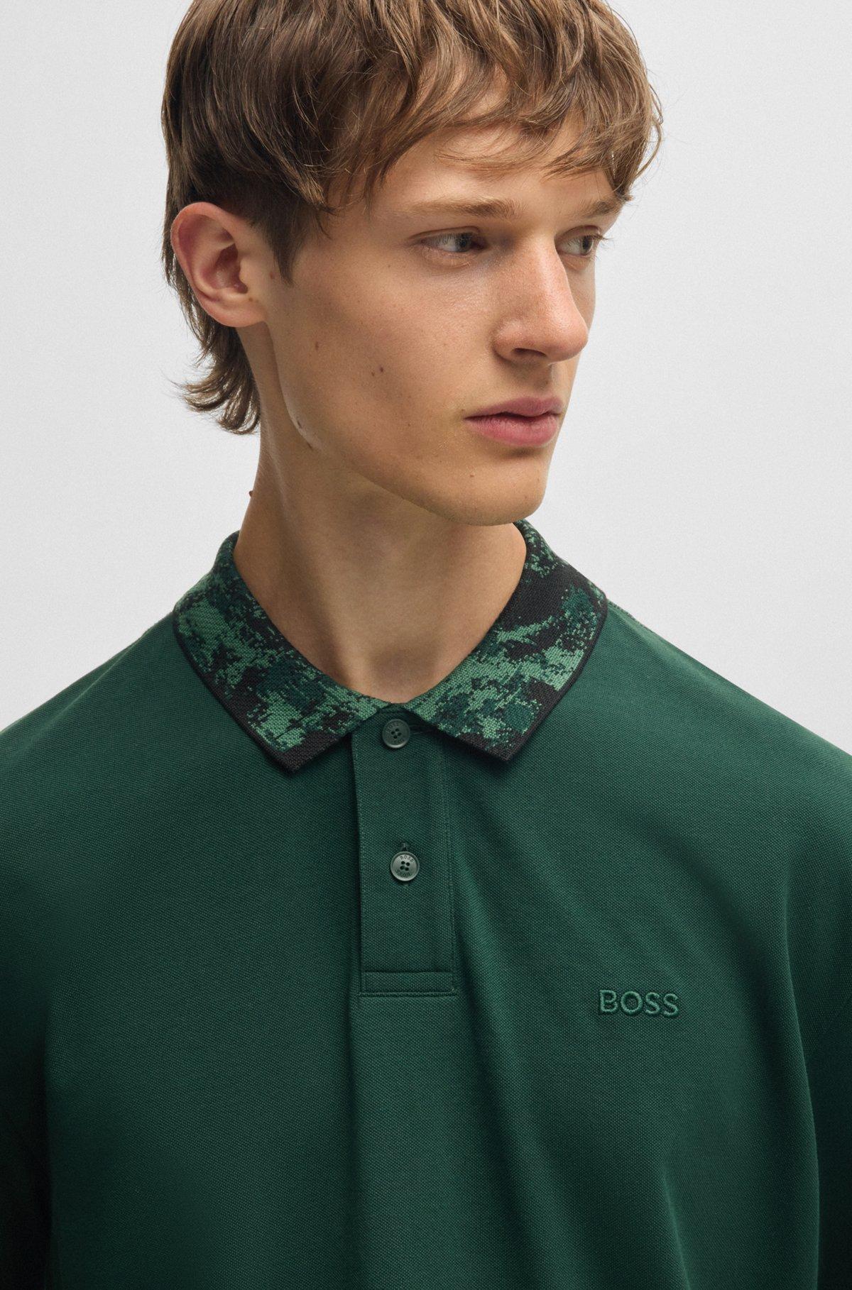 Cotton-piqué polo shirt with jungle-artwork collar Product Image